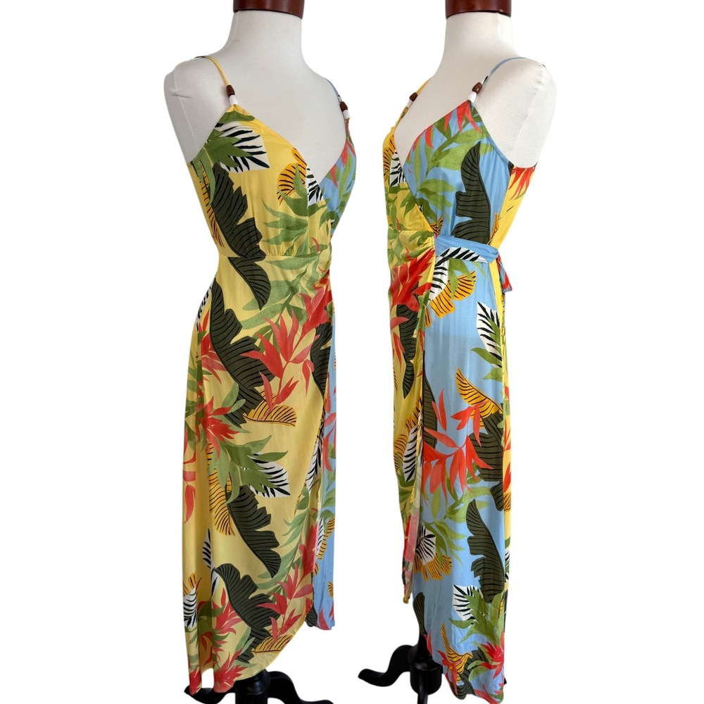 Desigual Tropical Floral Wrap Midi Dress Yellow Boho Resort Beach Vacation M - Picture 4 of 15